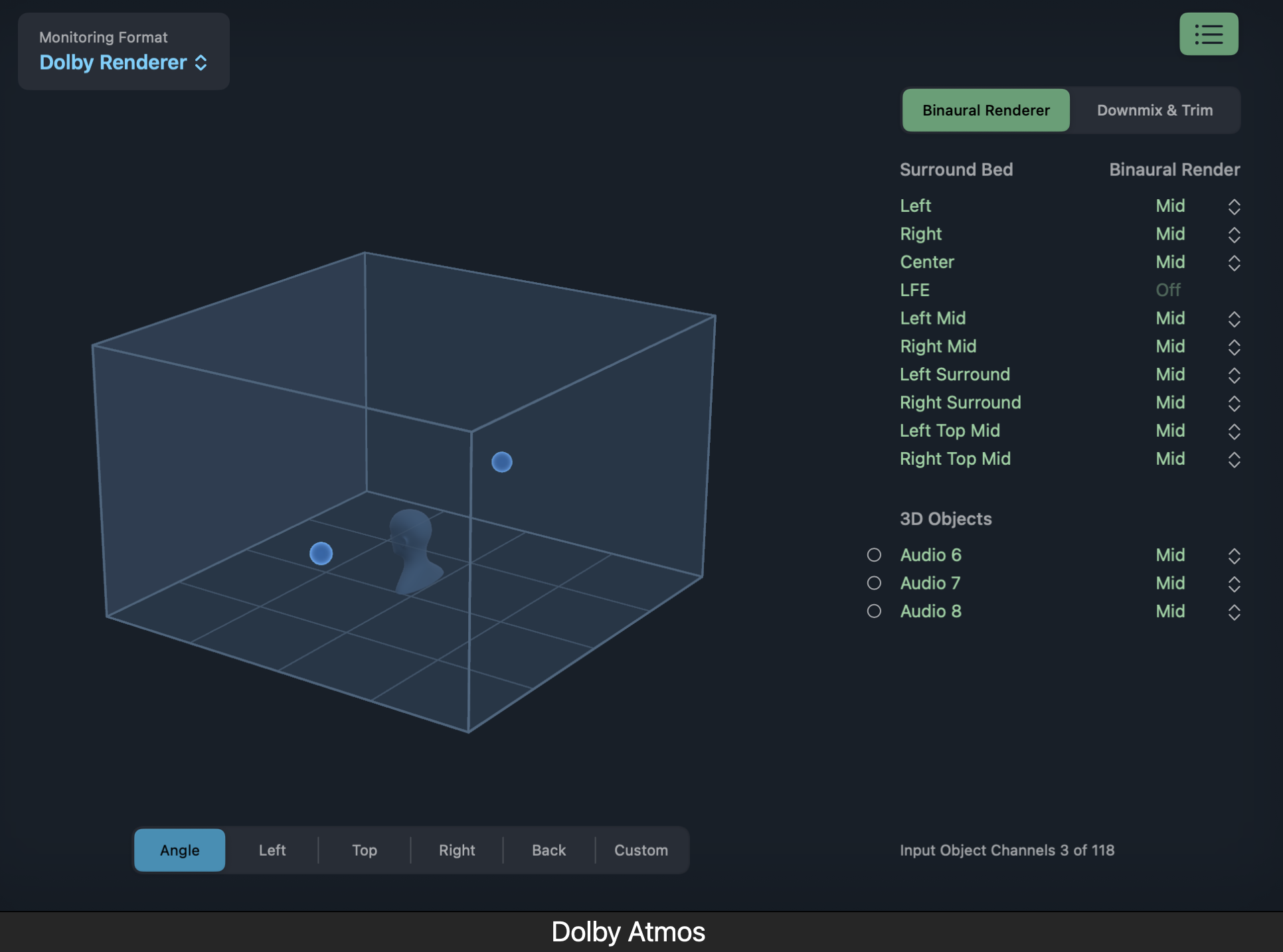 Dolby Atmos renderer: binaural objects placed around a listener in a 3D room